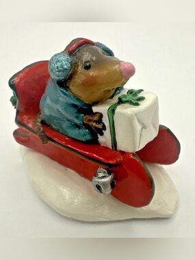 Wee Forest Folk MOLE’S RED SLED WFF MO-03 Annette Petersen Blue Shirt Christmas